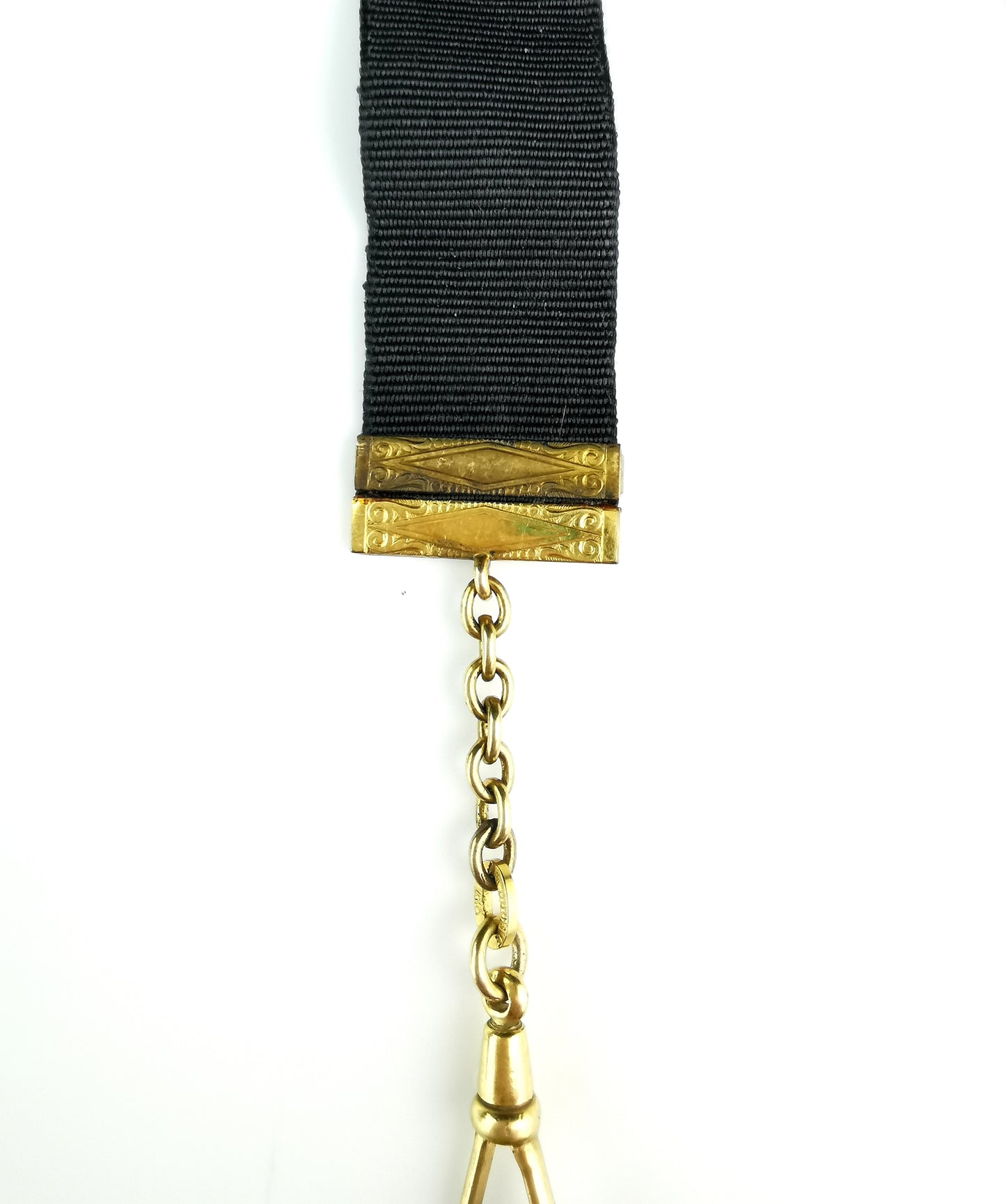 Antique Victorian moire silk watch fob with compass