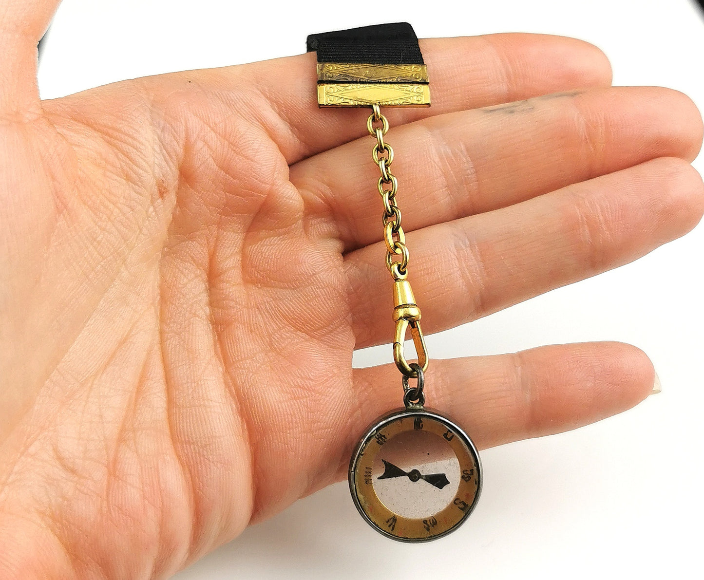 Antique Victorian moire silk watch fob with compass
