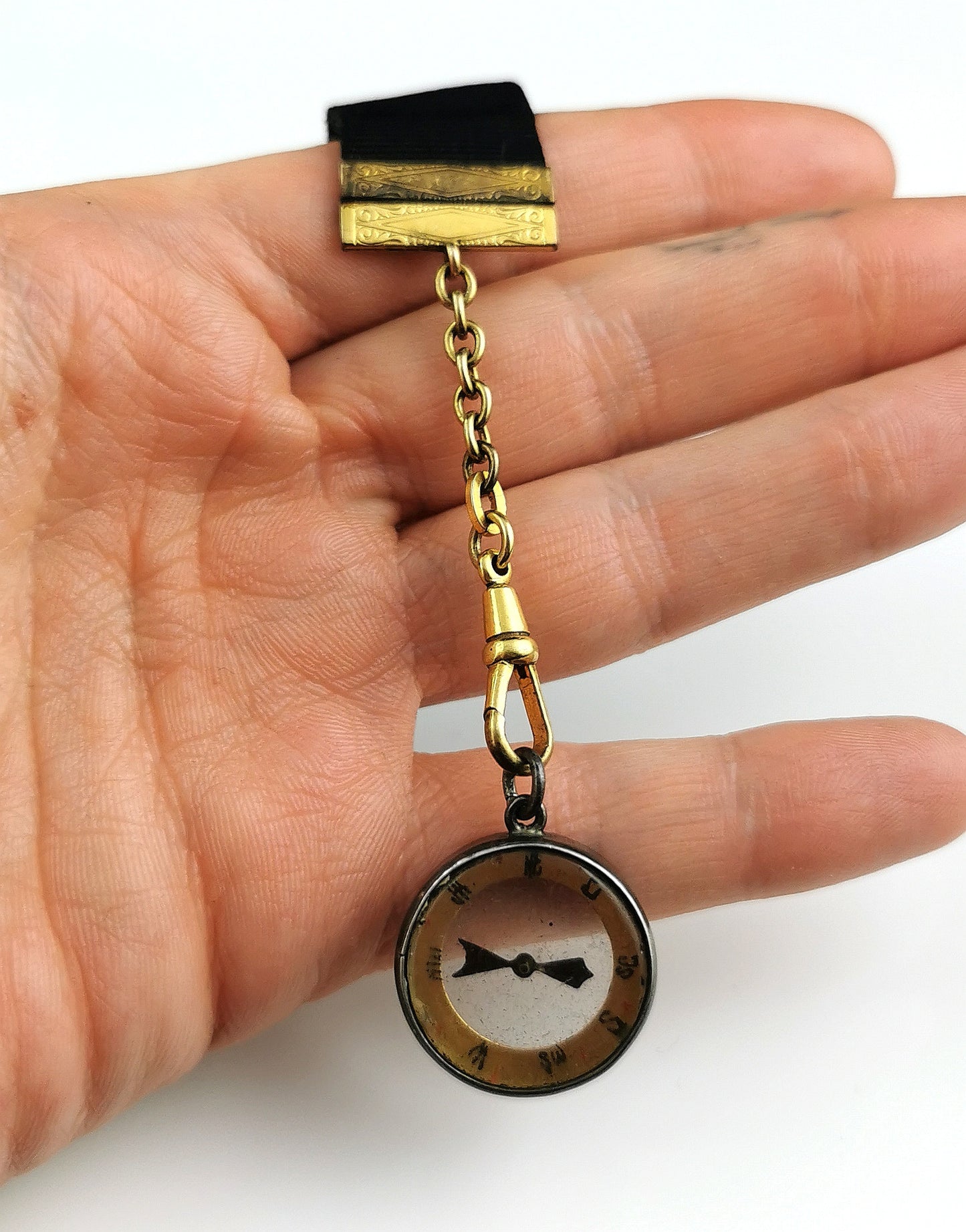 Antique Victorian moire silk watch fob with compass