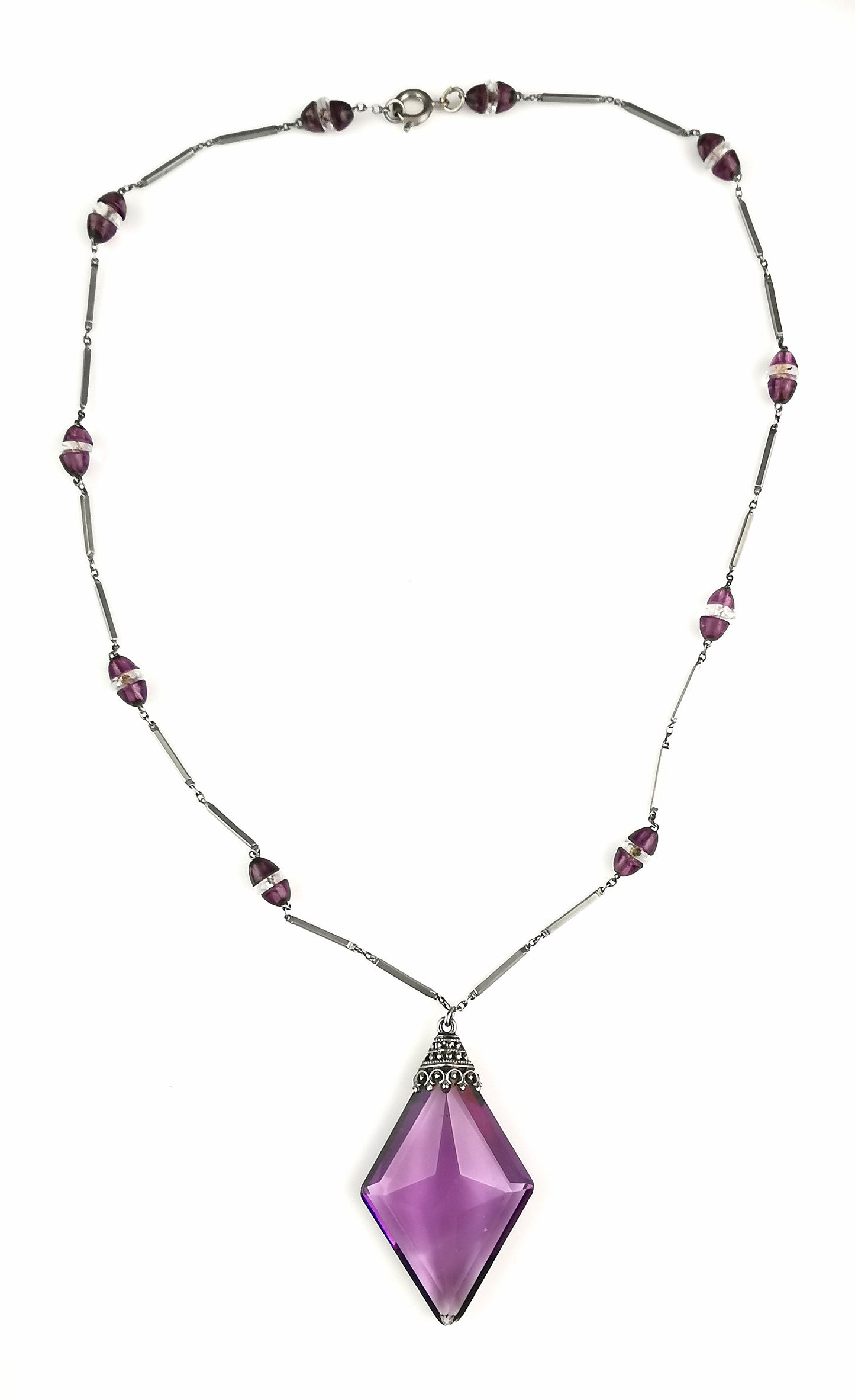 Vintage Art Deco Amethyst glass drop pendant necklace