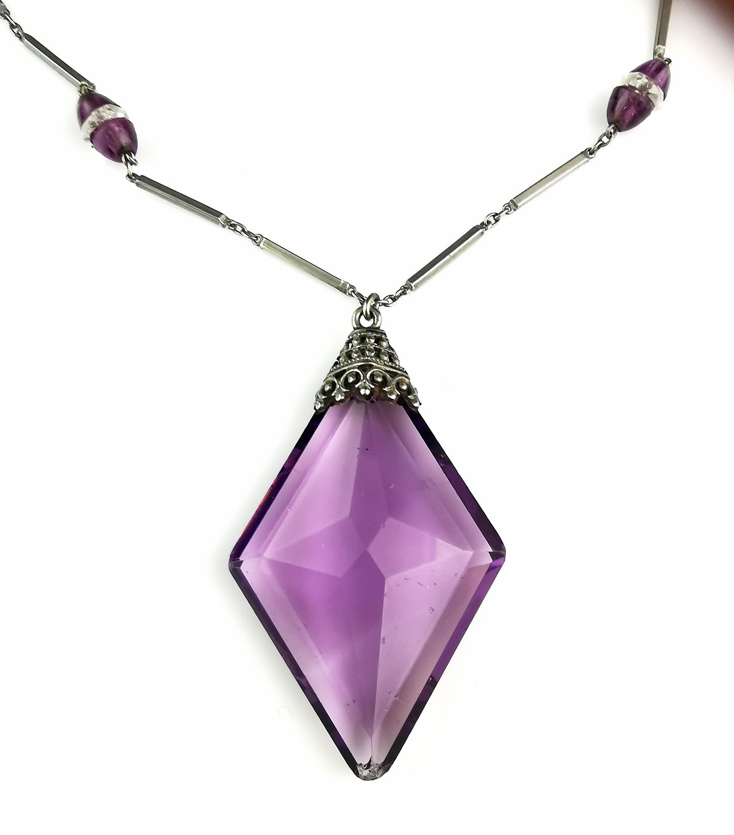 Vintage Art Deco Amethyst glass drop pendant necklace