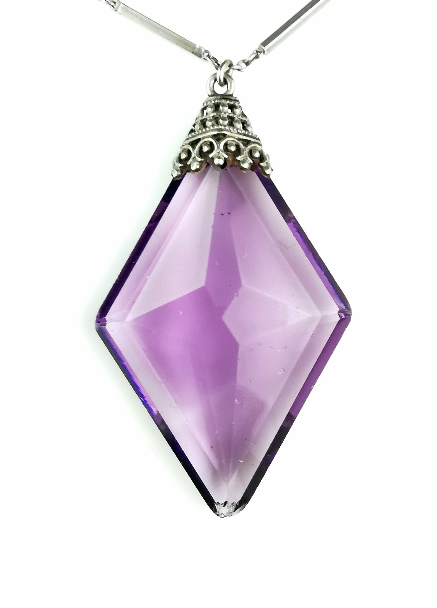 Vintage Art Deco Amethyst glass drop pendant necklace