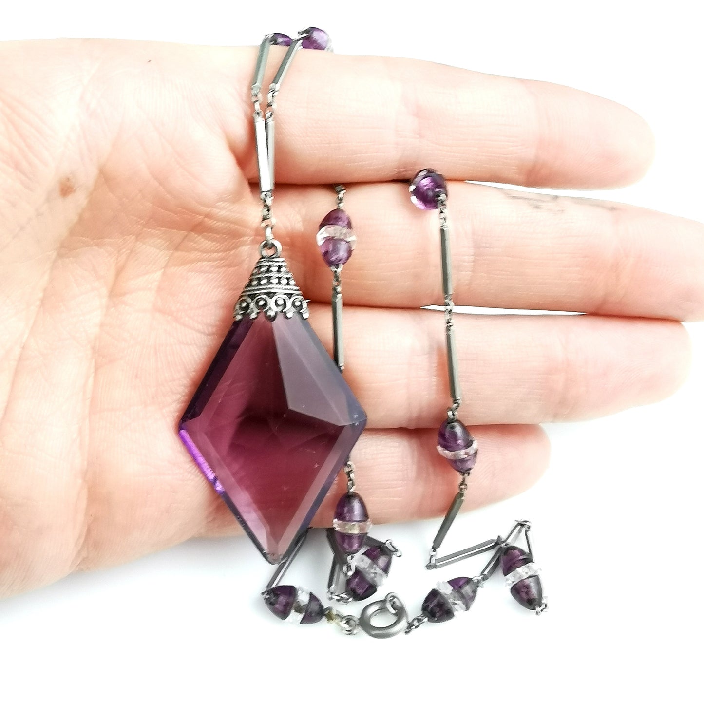 Vintage Art Deco Amethyst glass drop pendant necklace