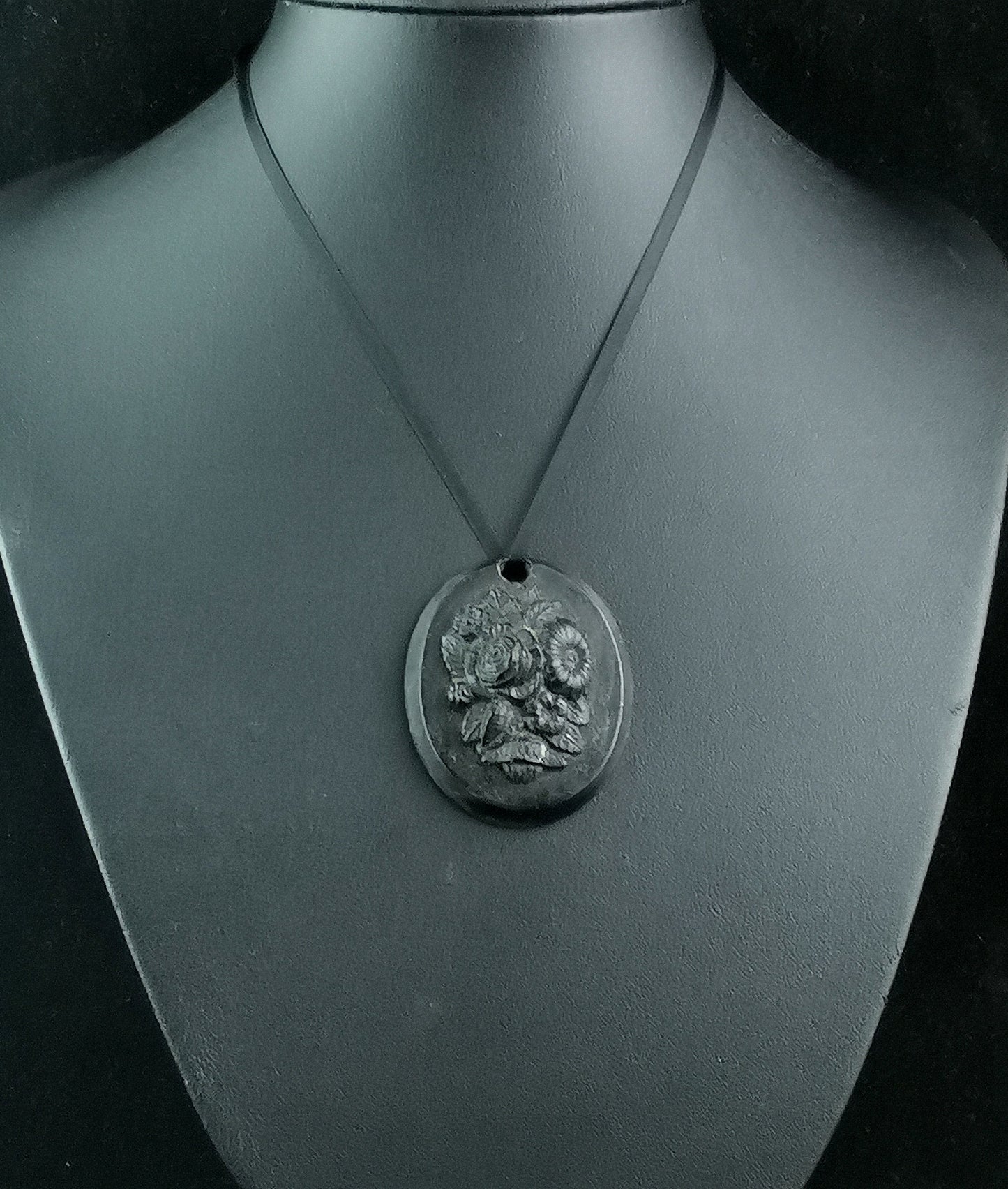 Antique Victorian bog oak floral pendant