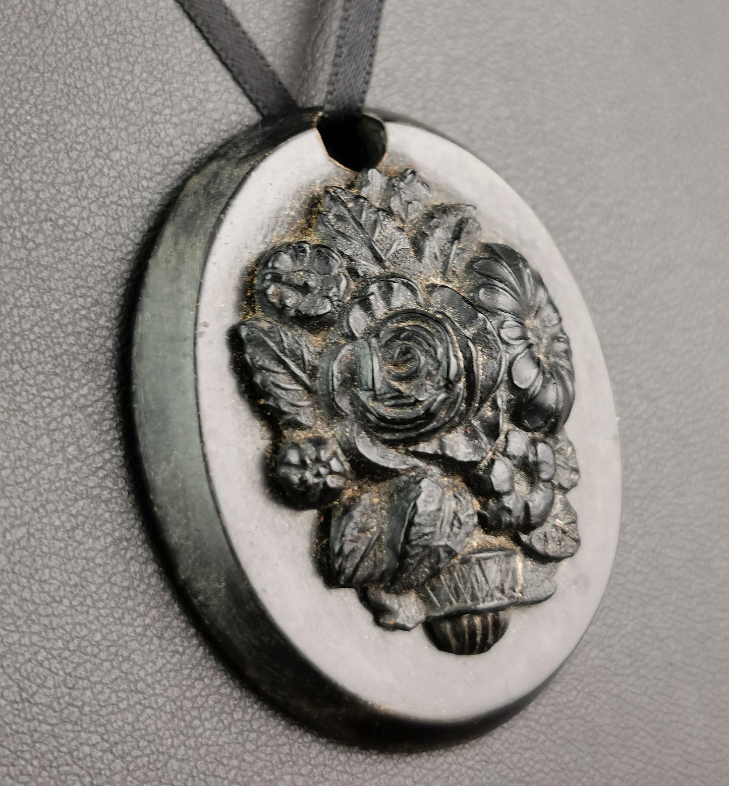 Antique Victorian bog oak floral pendant