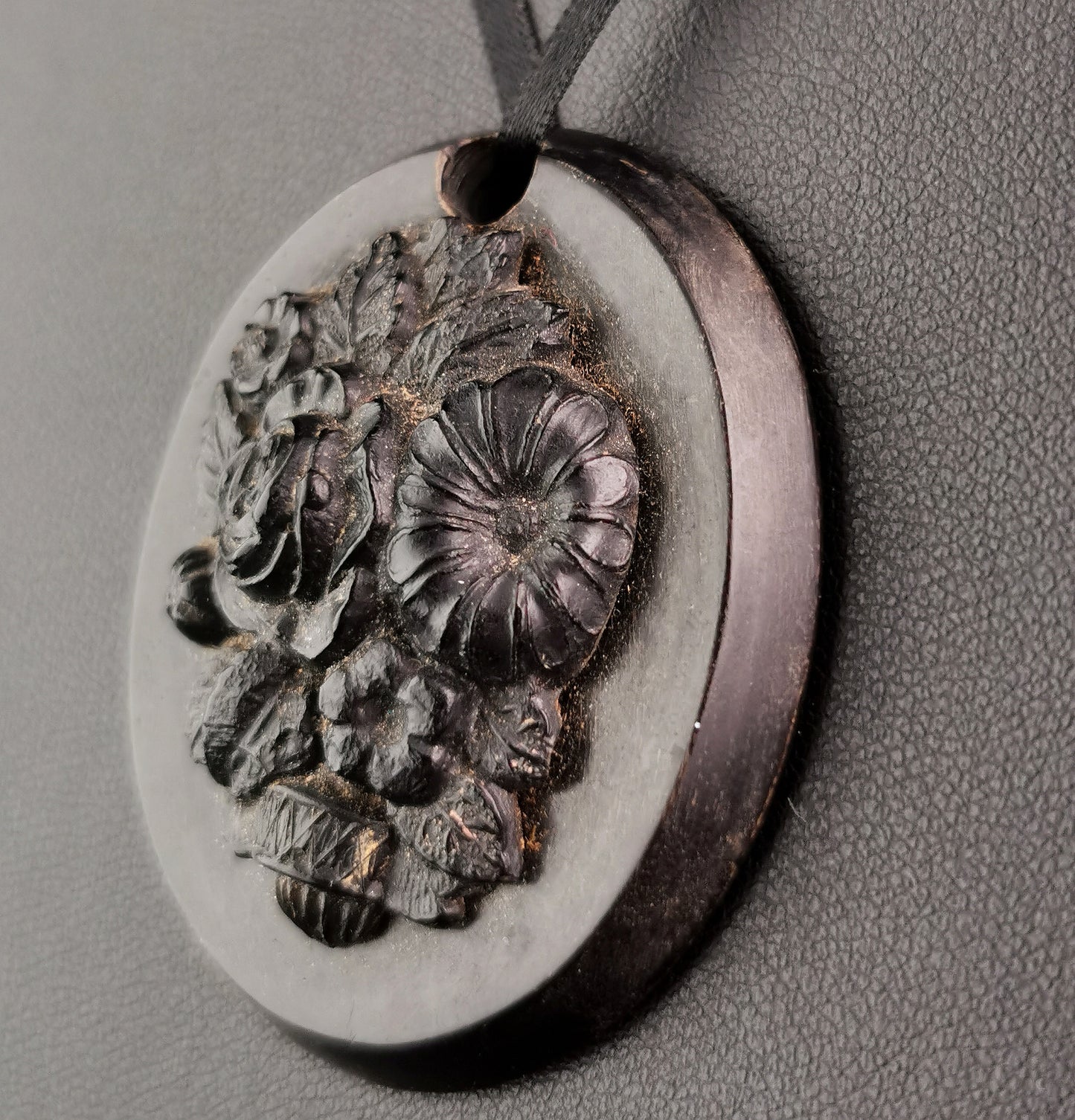 Antique Victorian bog oak floral pendant