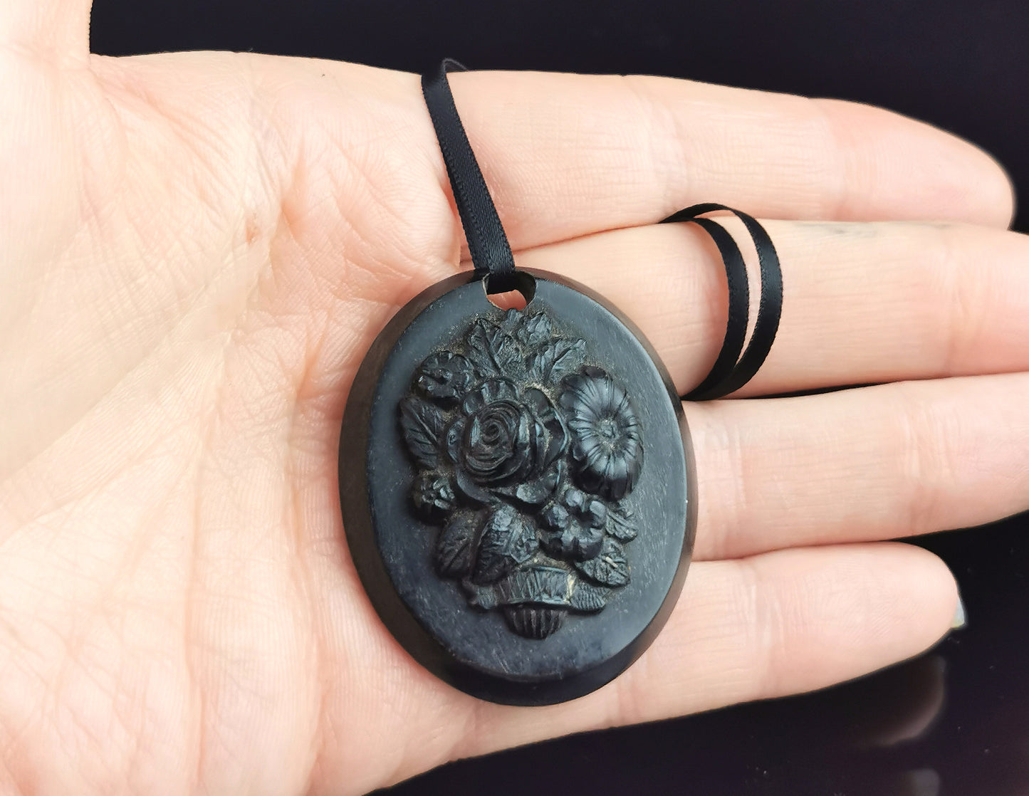 Antique Victorian bog oak floral pendant