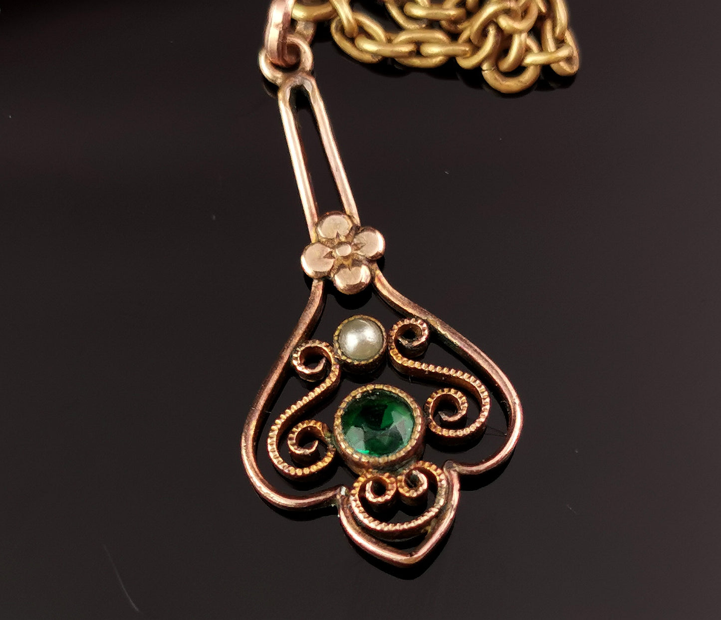 Antique gilt pendant necklace, Green paste, Fancy link chain