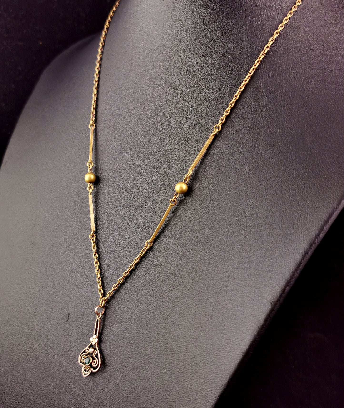 Antique gilt pendant necklace, Green paste, Fancy link chain