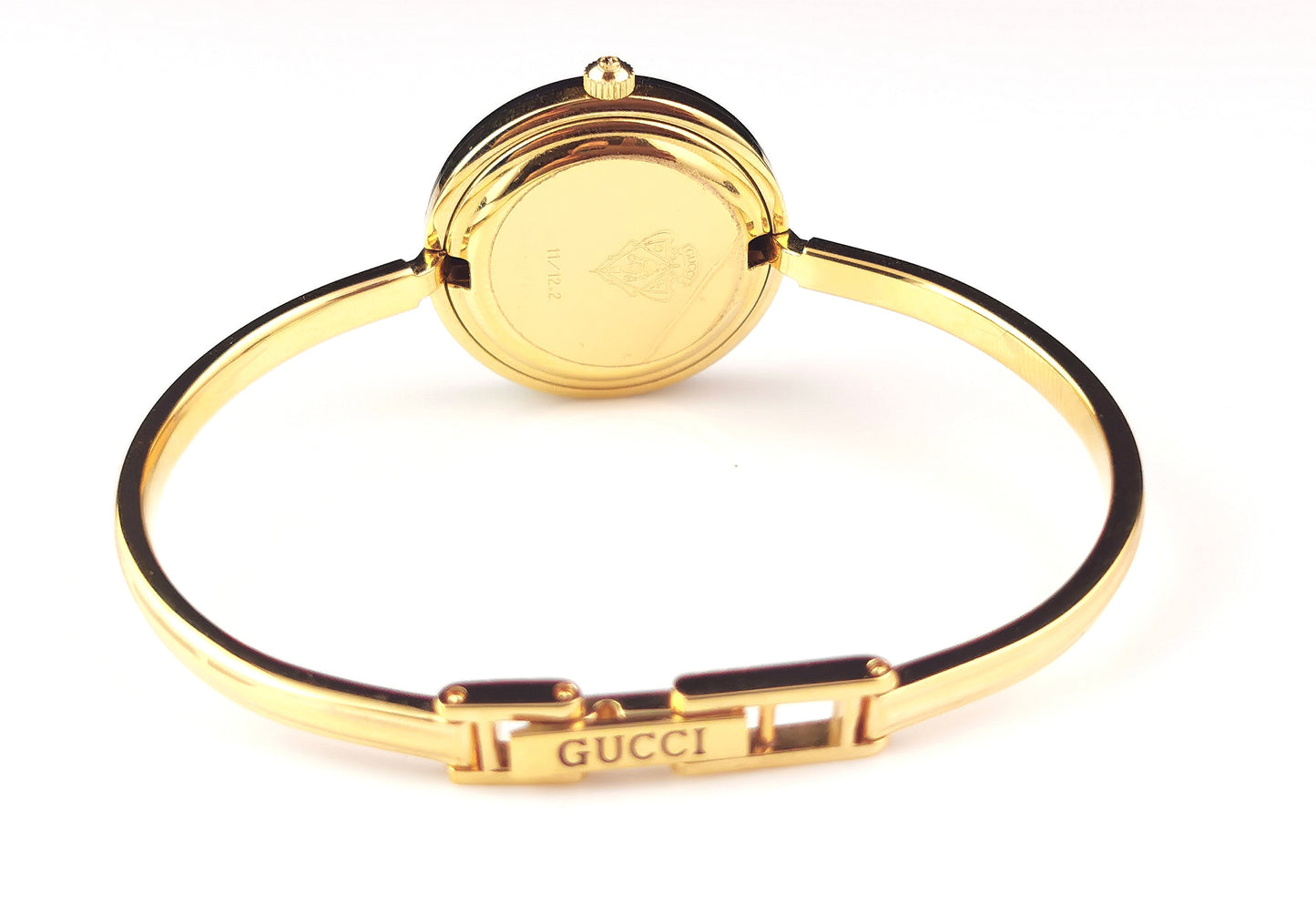 Vintage Gucci 11/12.2 ladies gold plated wristwatch, bracelet strap, changeable bezels