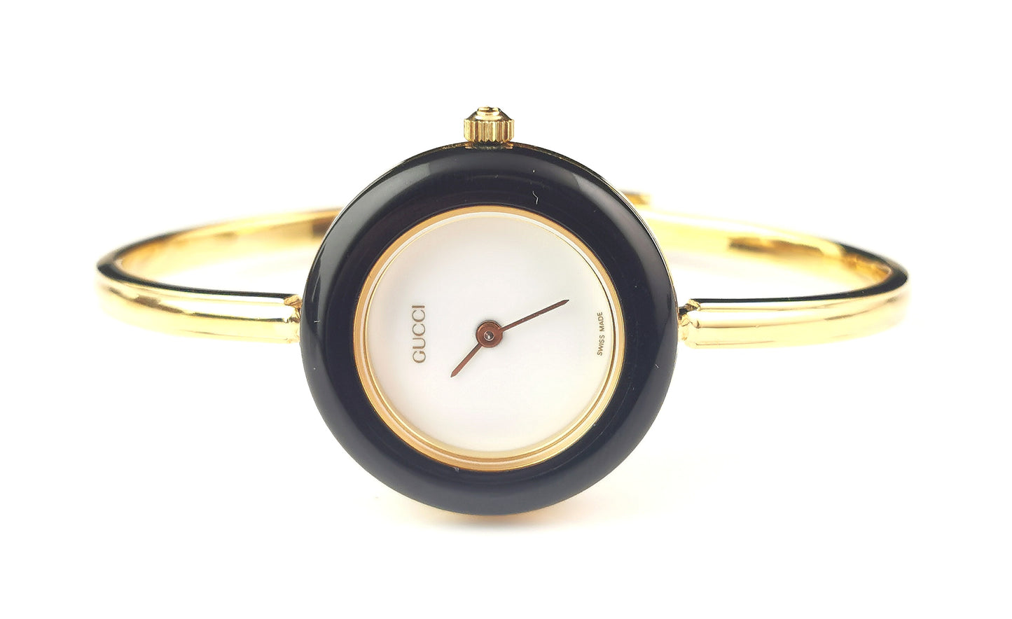 Vintage Gucci 11/12.2 ladies gold plated wristwatch, bracelet strap, changeable bezels