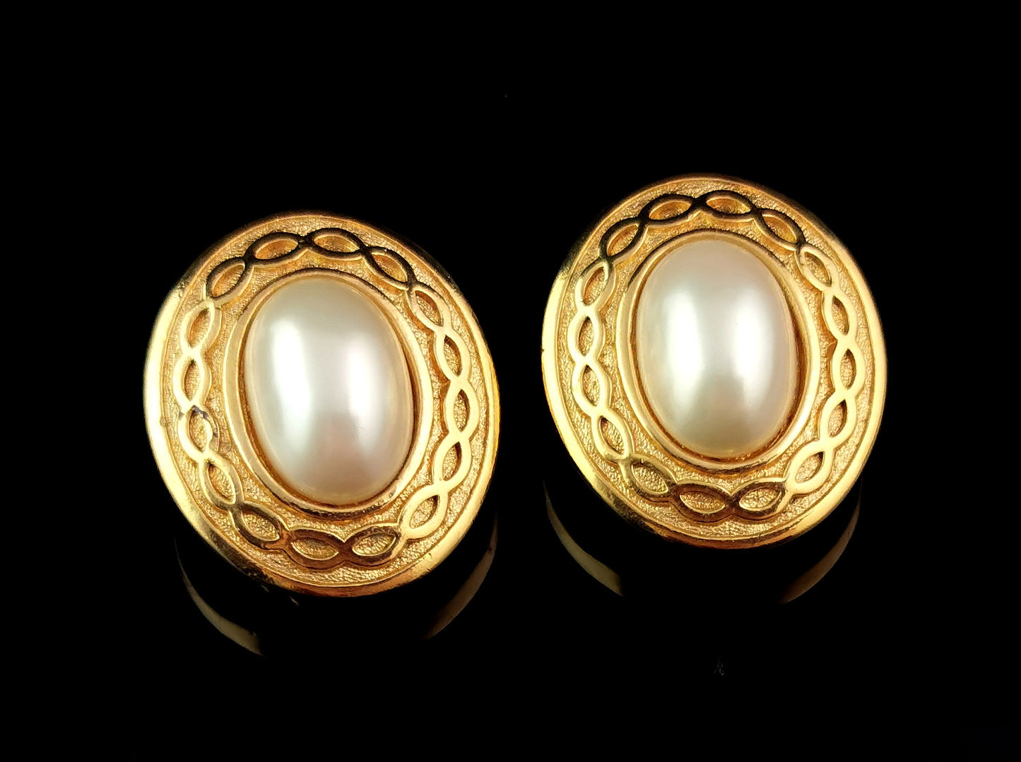Vintage Burberry clip on earrings, Gold tone, Faux pearl