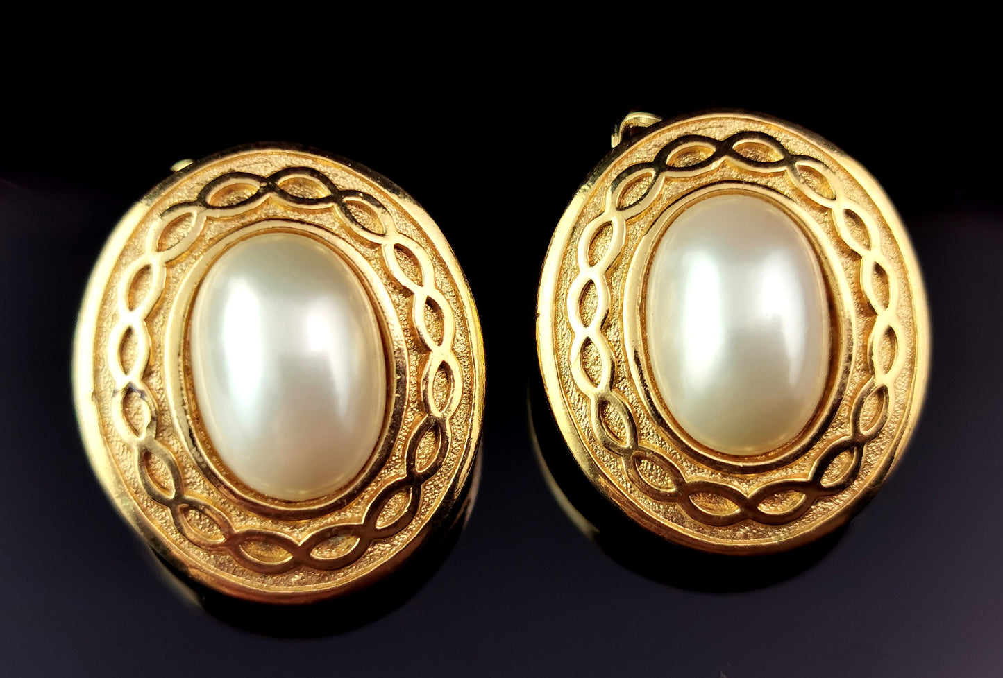 Vintage Burberry clip on earrings, Gold tone, Faux pearl