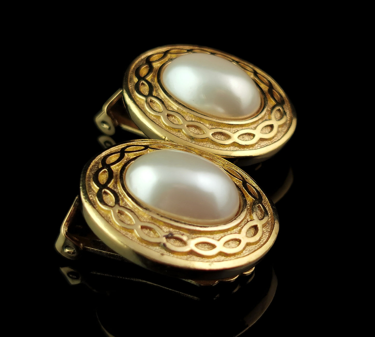 Vintage Burberry clip on earrings, Gold tone, Faux pearl