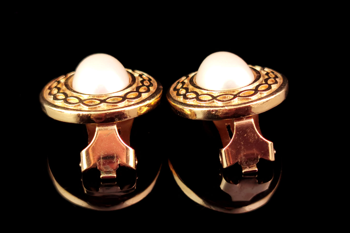 Vintage Burberry clip on earrings, Gold tone, Faux pearl