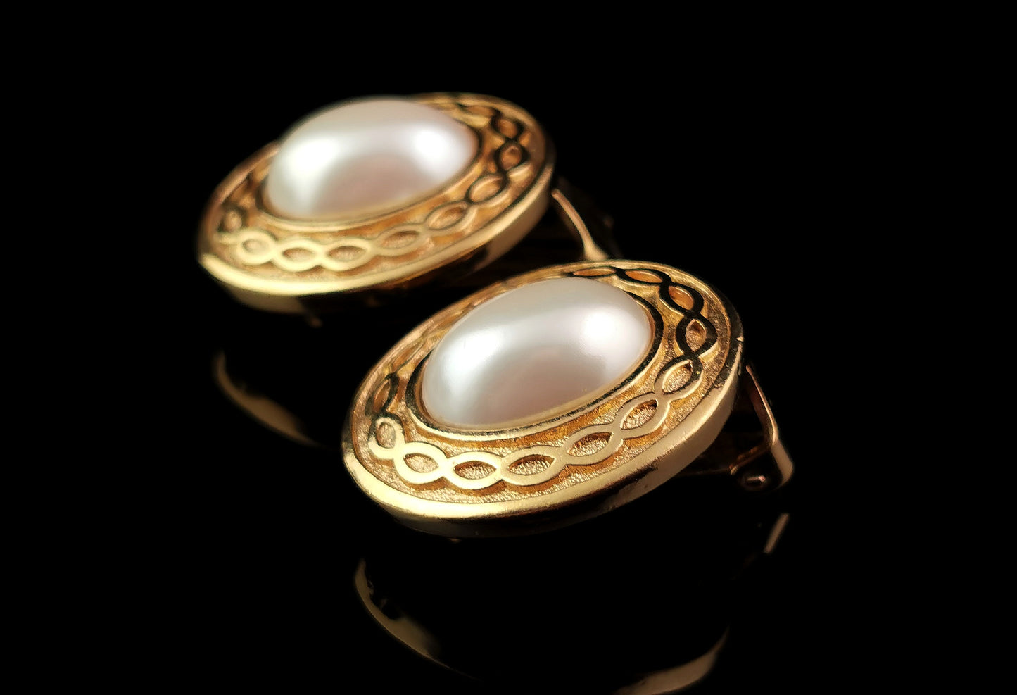 Vintage Burberry clip on earrings, Gold tone, Faux pearl