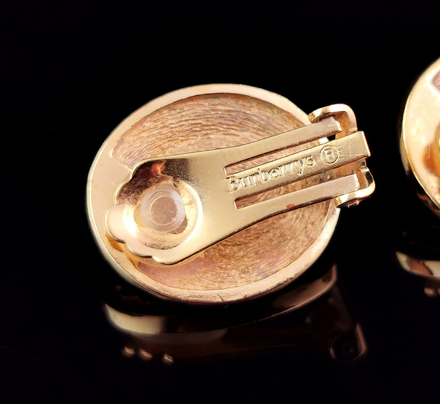 Vintage Burberry clip on earrings, Gold tone, Faux pearl