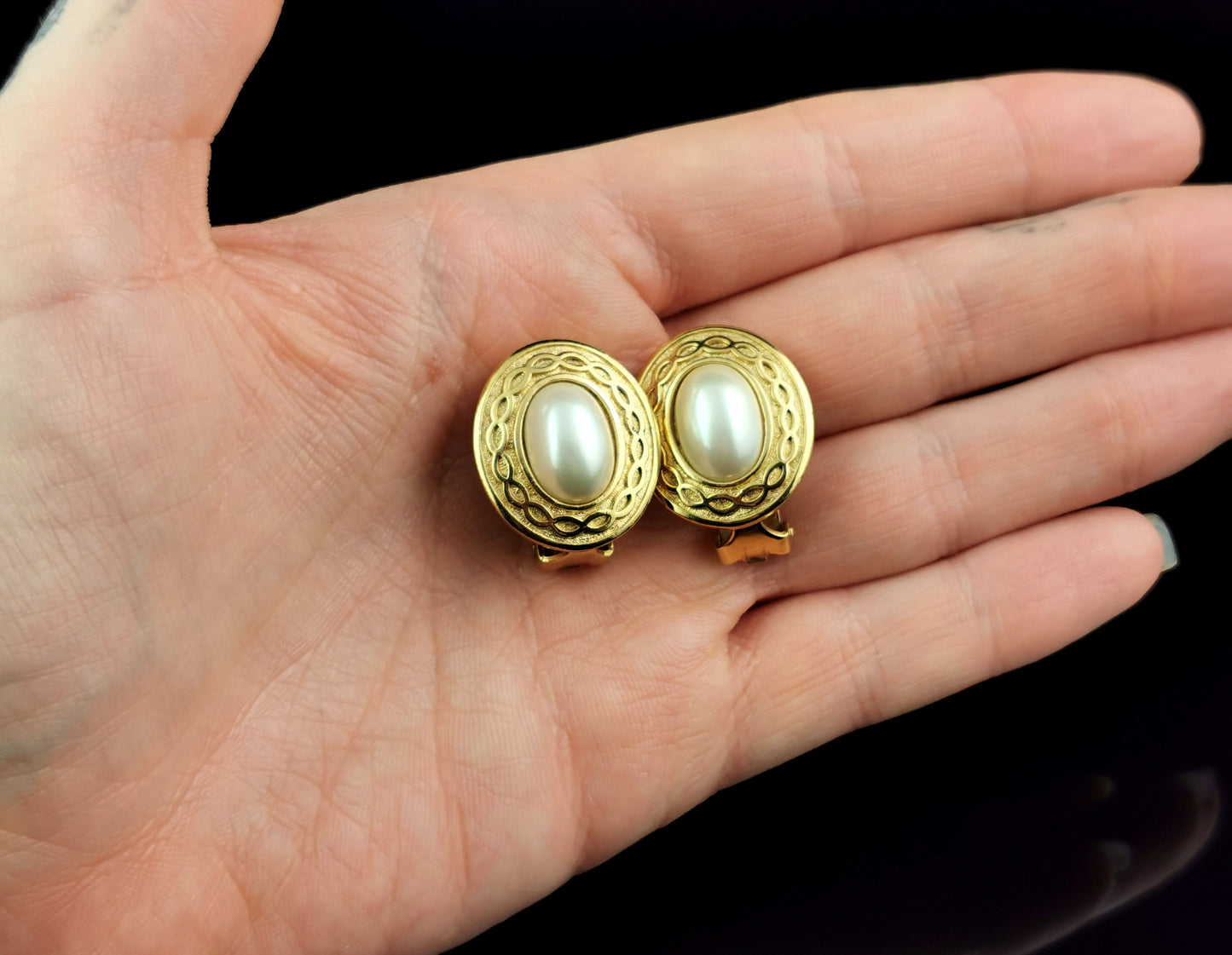 Vintage Burberry clip on earrings, Gold tone, Faux pearl