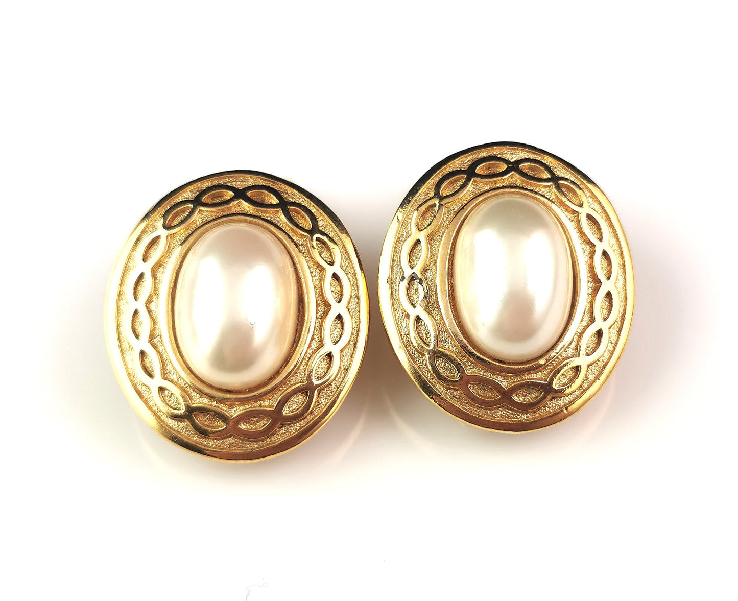 Vintage Burberry clip on earrings, Gold tone, Faux pearl
