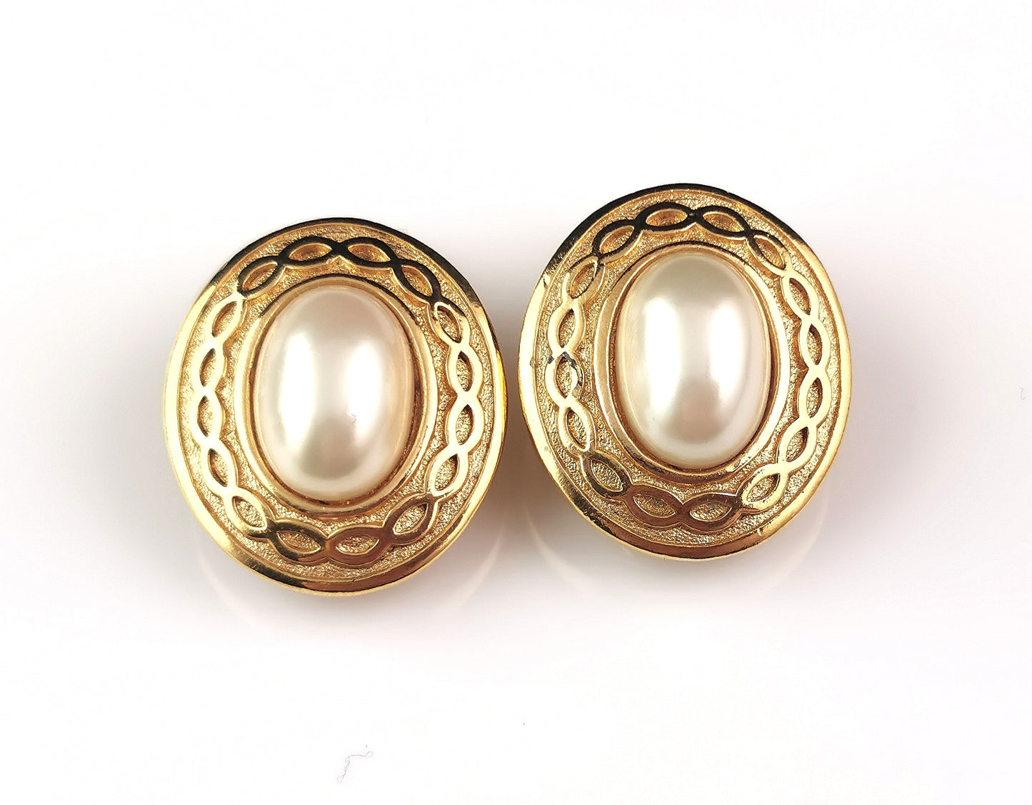 Vintage Burberry clip on earrings, Gold tone, Faux pearl