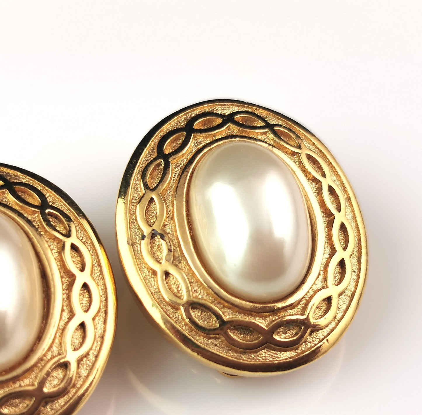 Vintage Burberry clip on earrings, Gold tone, Faux pearl