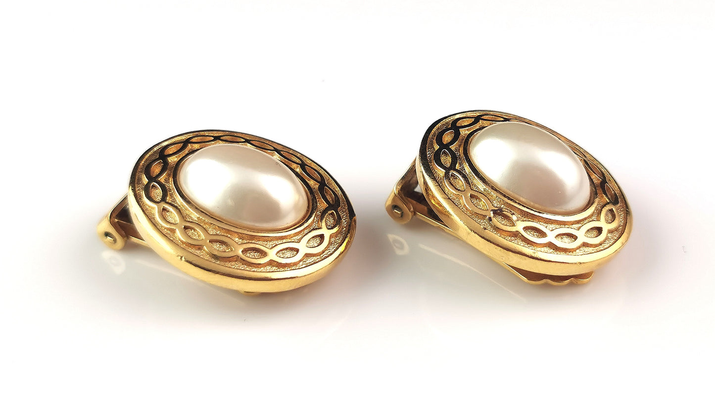 Vintage Burberry clip on earrings, Gold tone, Faux pearl