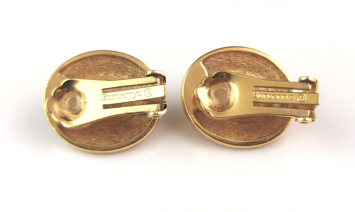 Vintage Burberry clip on earrings, Gold tone, Faux pearl