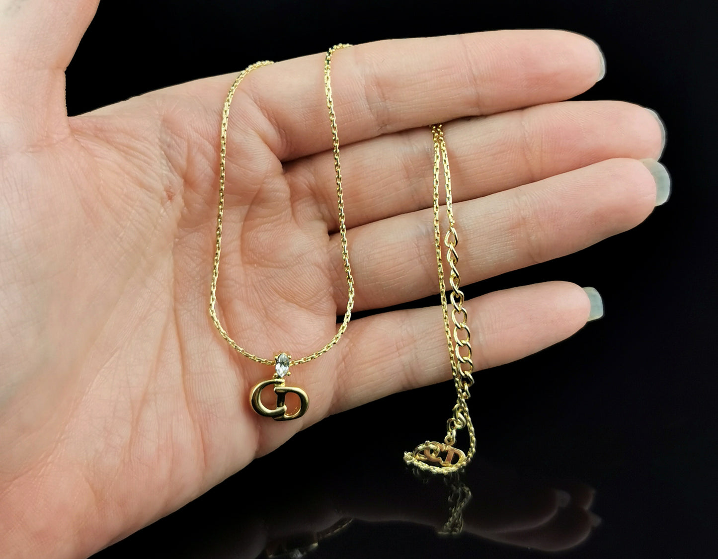 Vintage Christian Dior logo pendant necklace, gold tone and paste