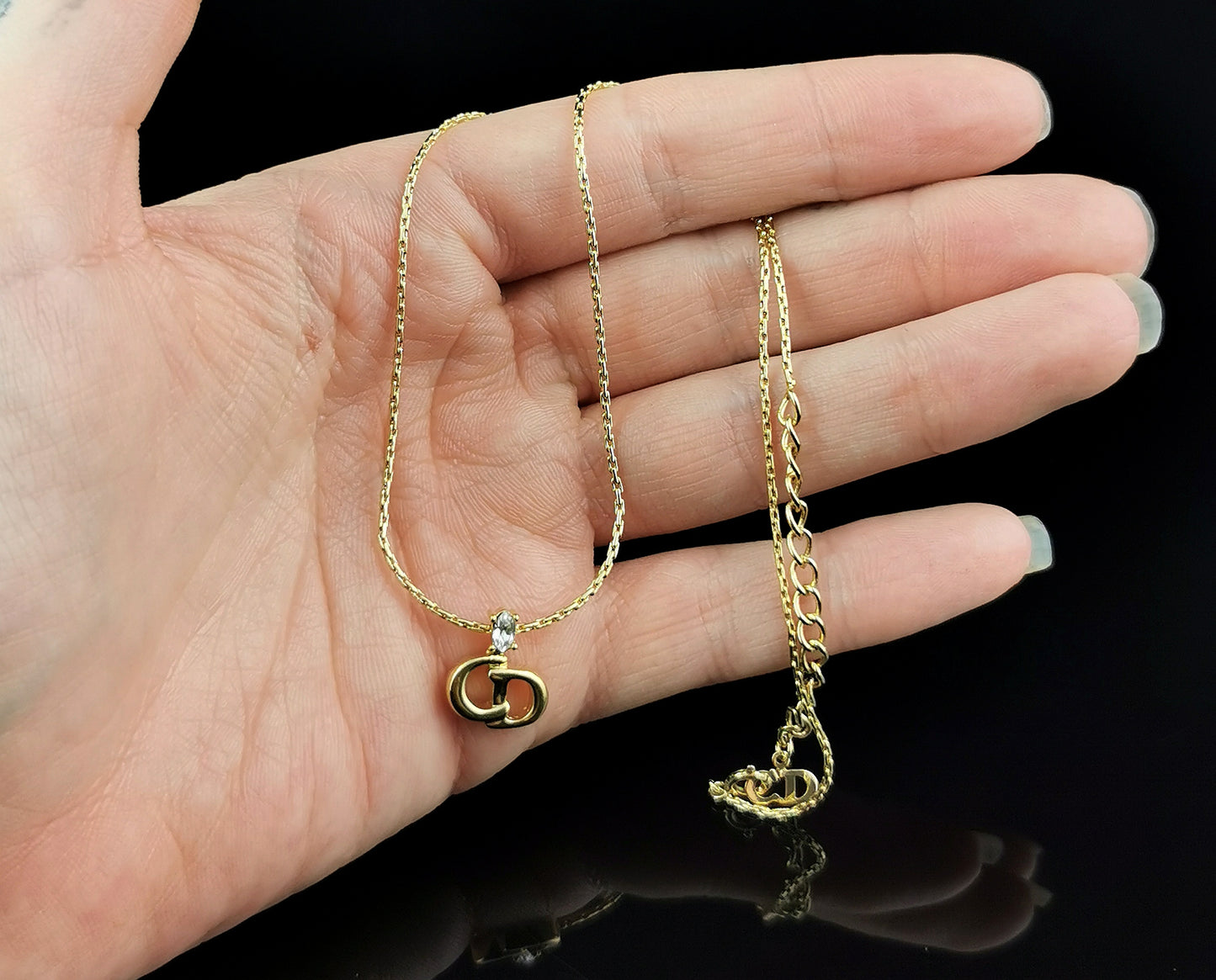 Vintage Christian Dior logo pendant necklace, gold tone and paste