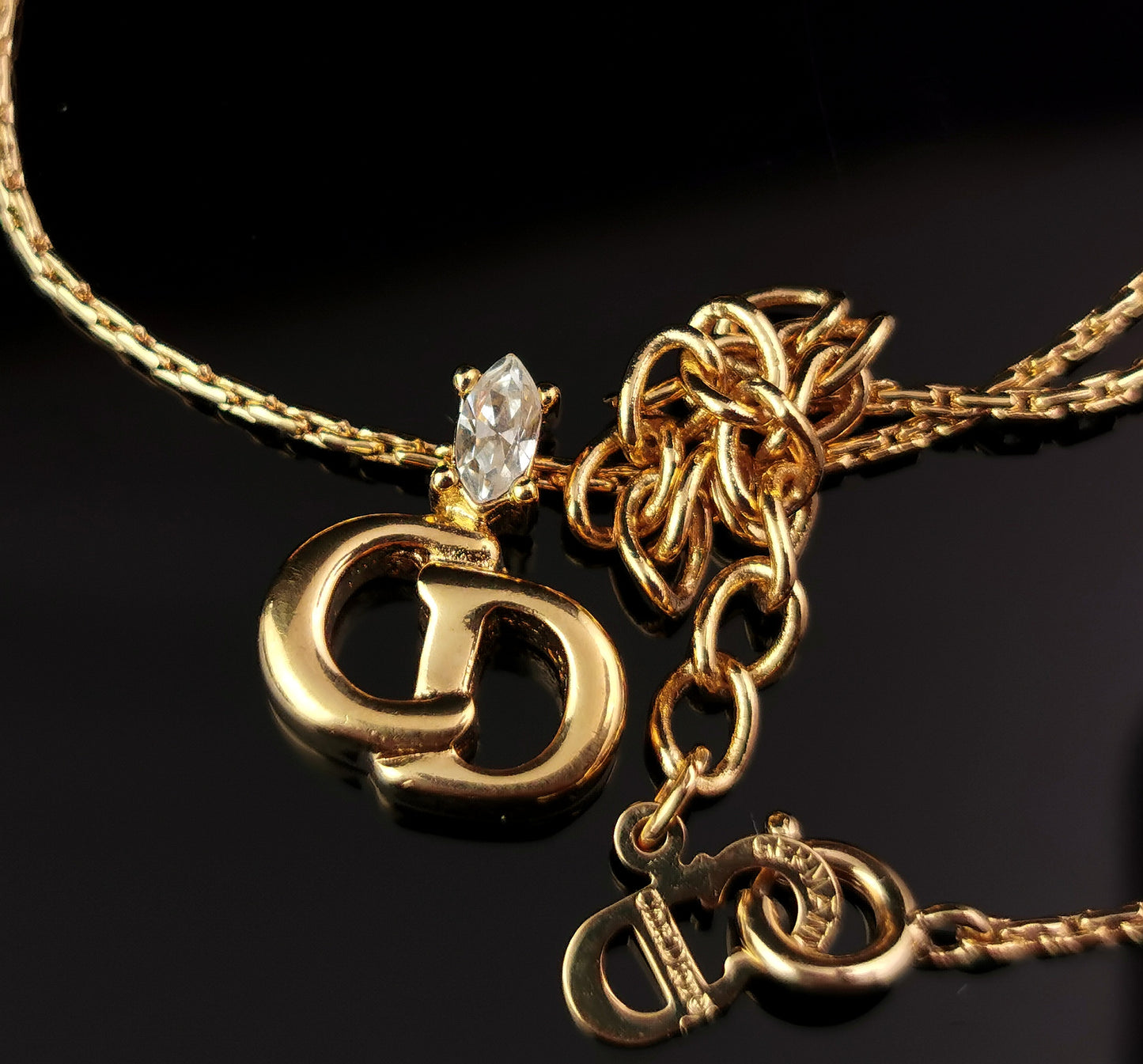 Vintage Christian Dior logo pendant necklace, gold tone and paste