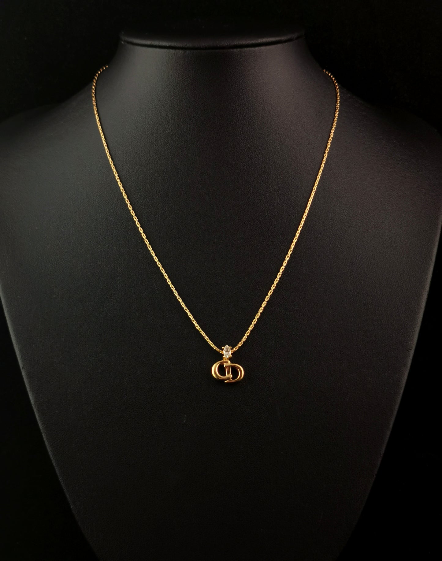 Vintage Christian Dior logo pendant necklace, gold tone and paste