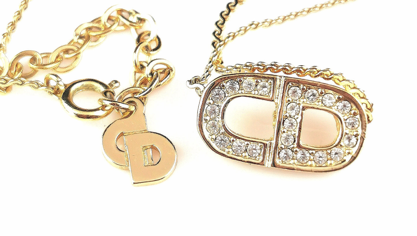 Vintage Christian Dior gold plated diamante logo pendant necklace