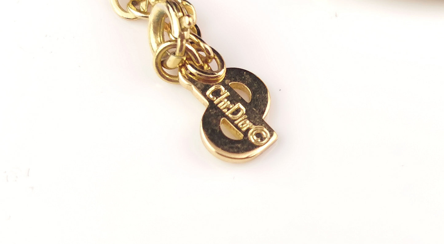 Vintage Christian Dior gold plated diamante logo pendant necklace