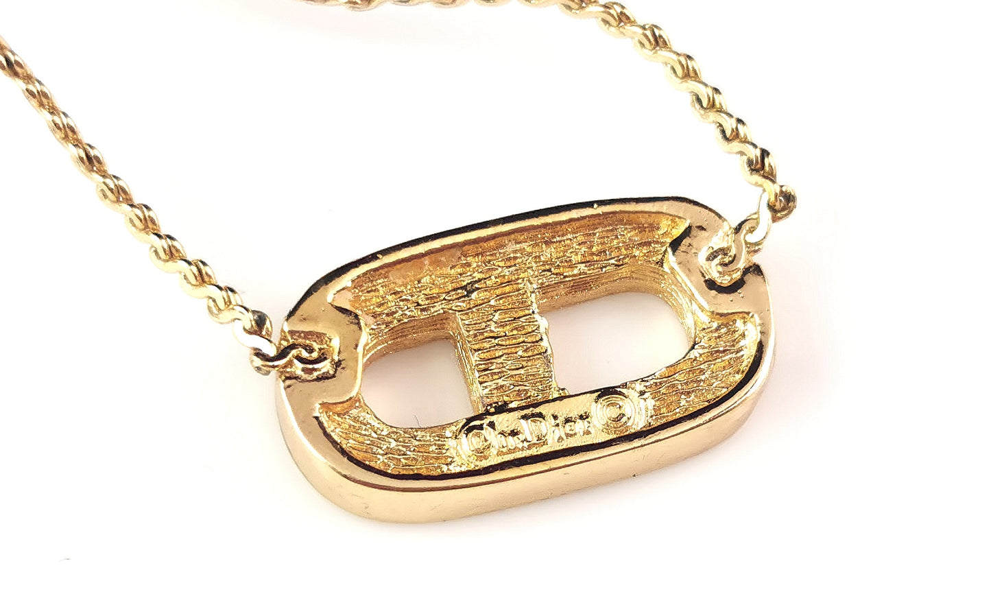 Vintage Christian Dior gold plated diamante logo pendant necklace