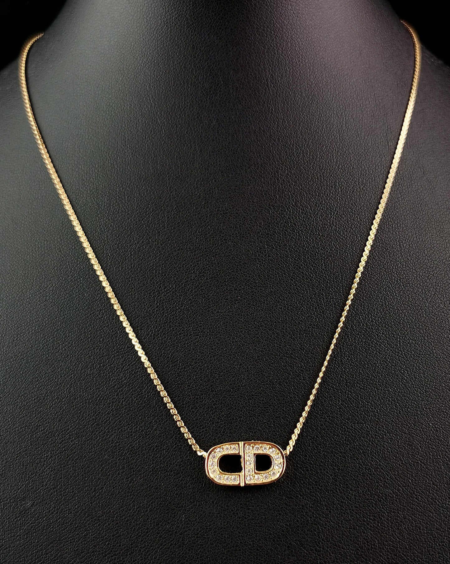 Vintage Christian Dior gold plated diamante logo pendant necklace