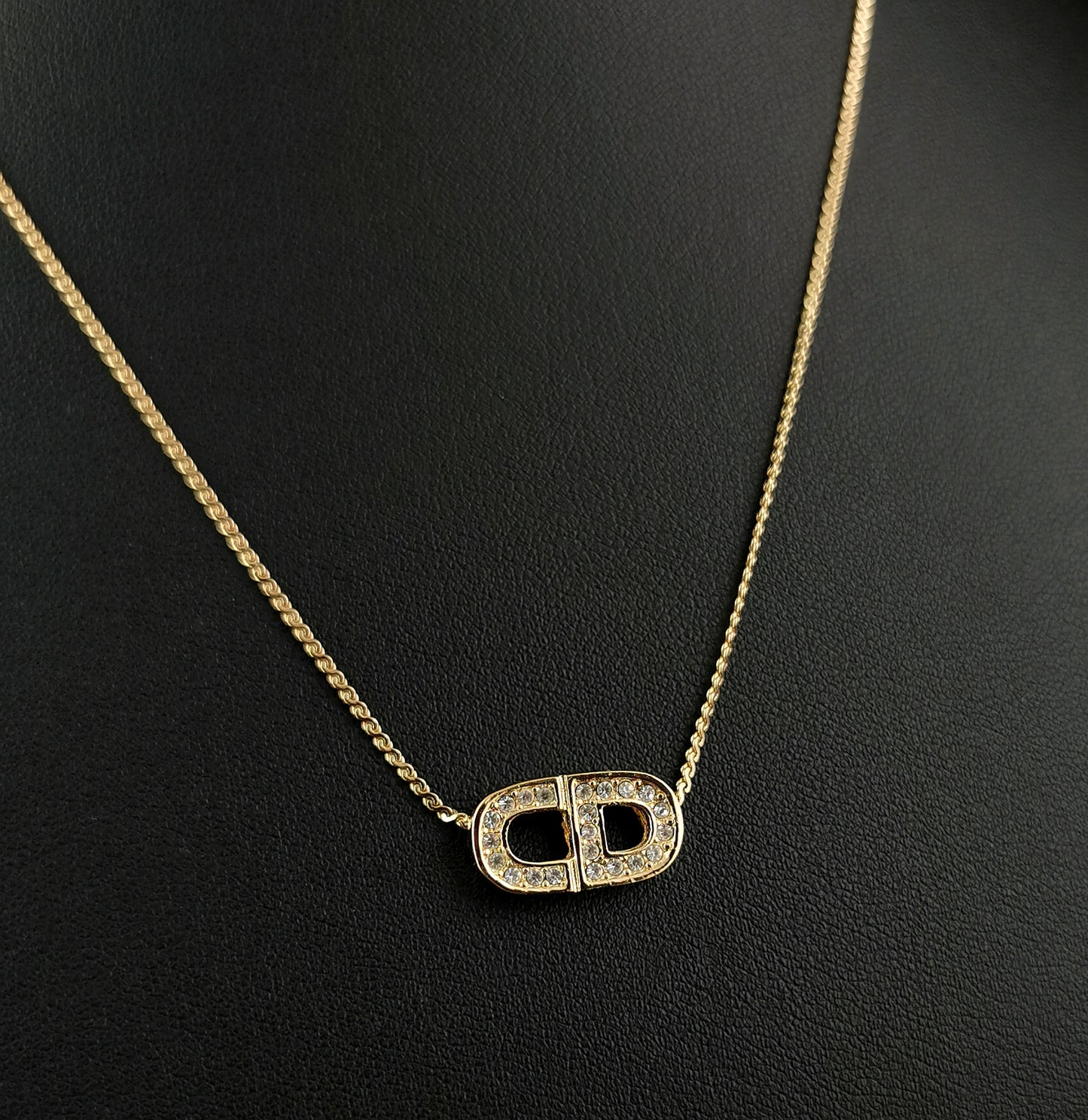 Vintage Christian Dior gold plated diamante logo pendant necklace