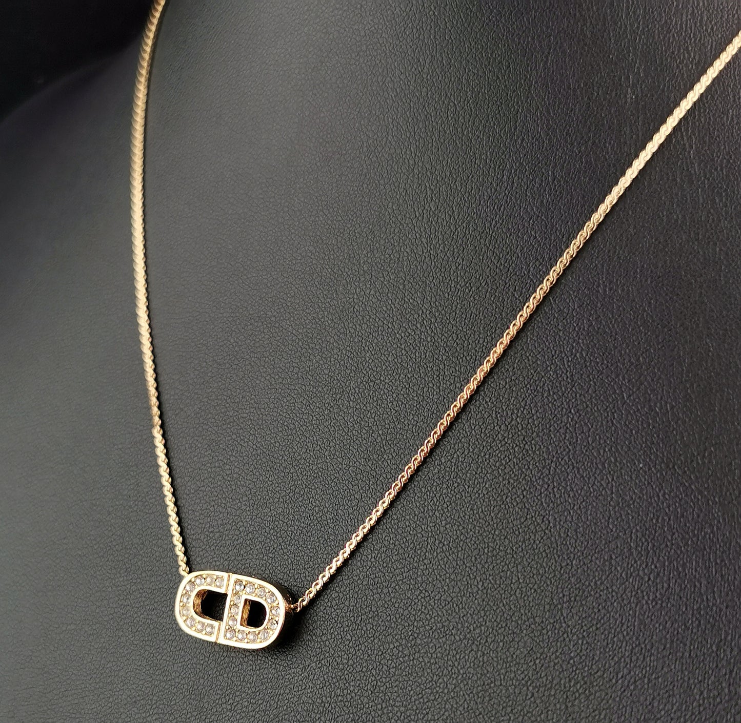 Vintage Christian Dior gold plated diamante logo pendant necklace