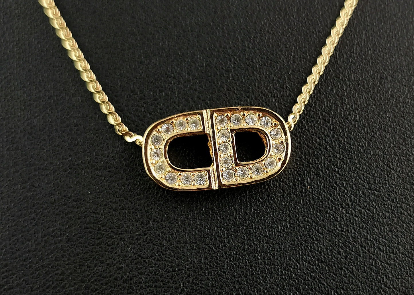Vintage Christian Dior gold plated diamante logo pendant necklace