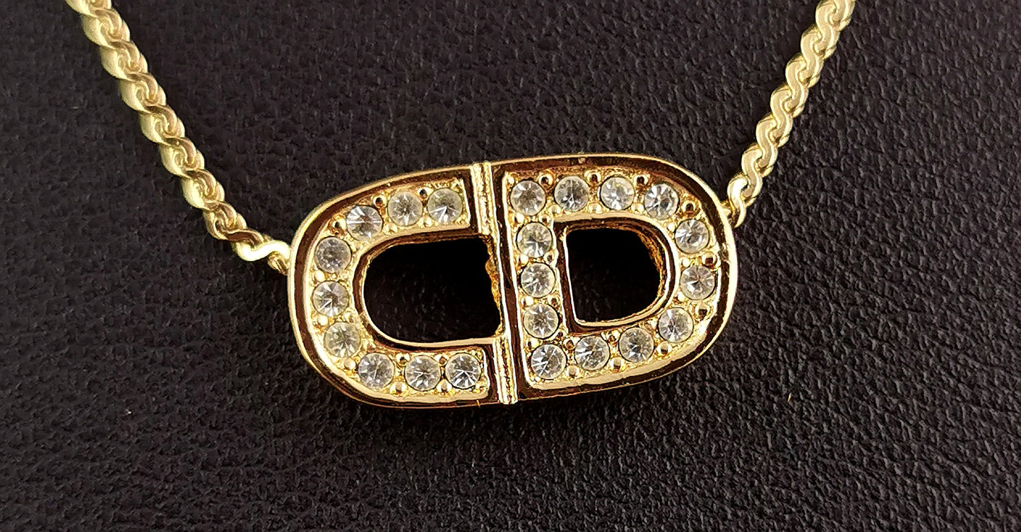 Vintage Christian Dior gold plated diamante logo pendant necklace