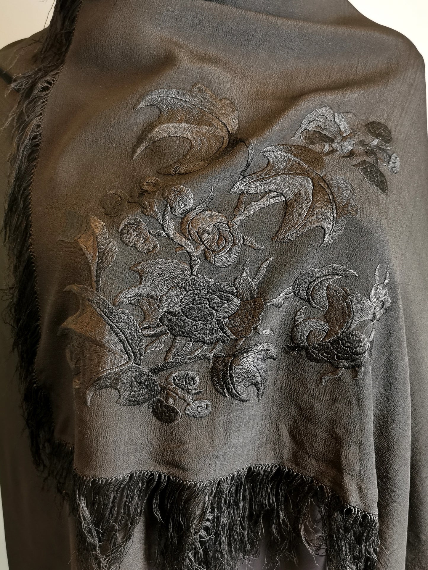Vintage Art Deco black crepe silk shawl floral