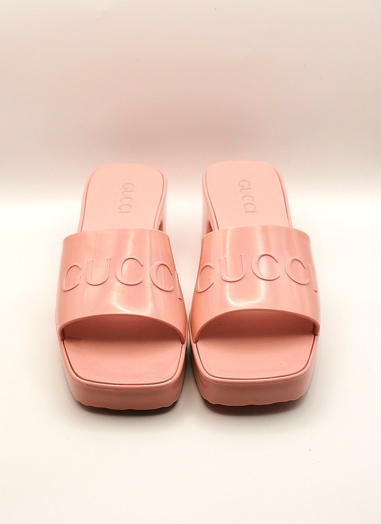 Gucci Bubblegum pink rubber heeled sliders, platform sandals