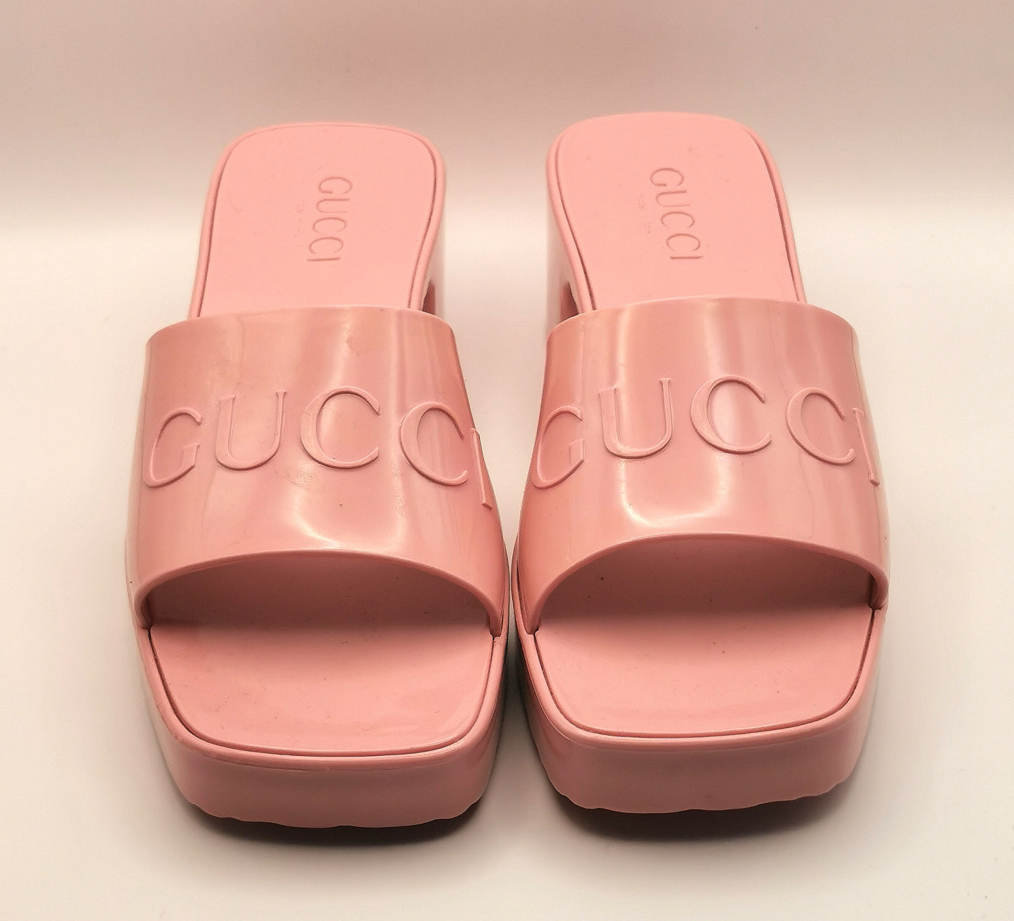 Gucci Bubblegum pink rubber heeled sliders, platform sandals