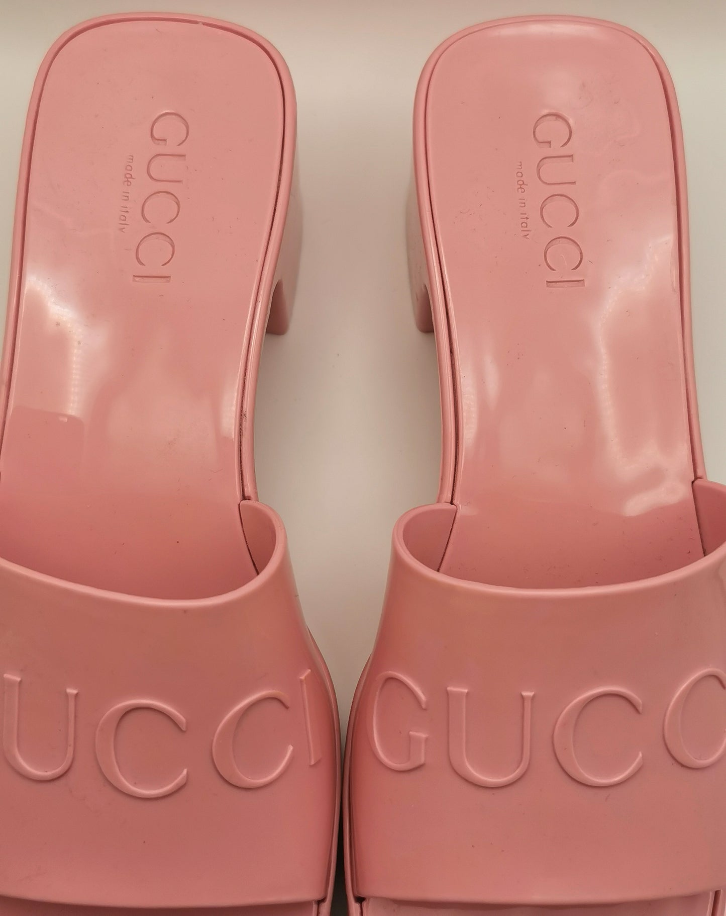 Gucci Bubblegum pink rubber heeled sliders, platform sandals