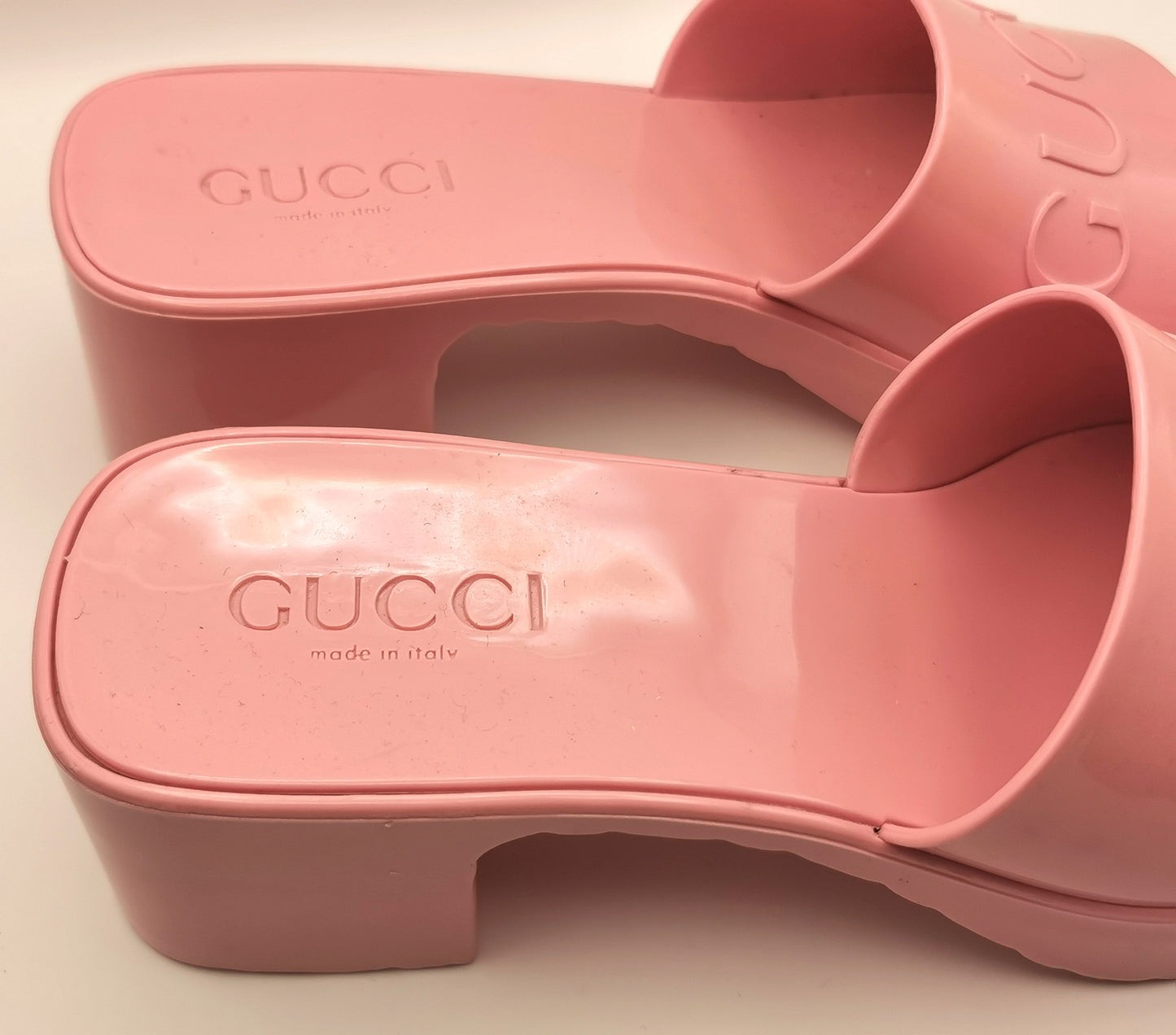 Gucci Bubblegum pink rubber heeled sliders, platform sandals