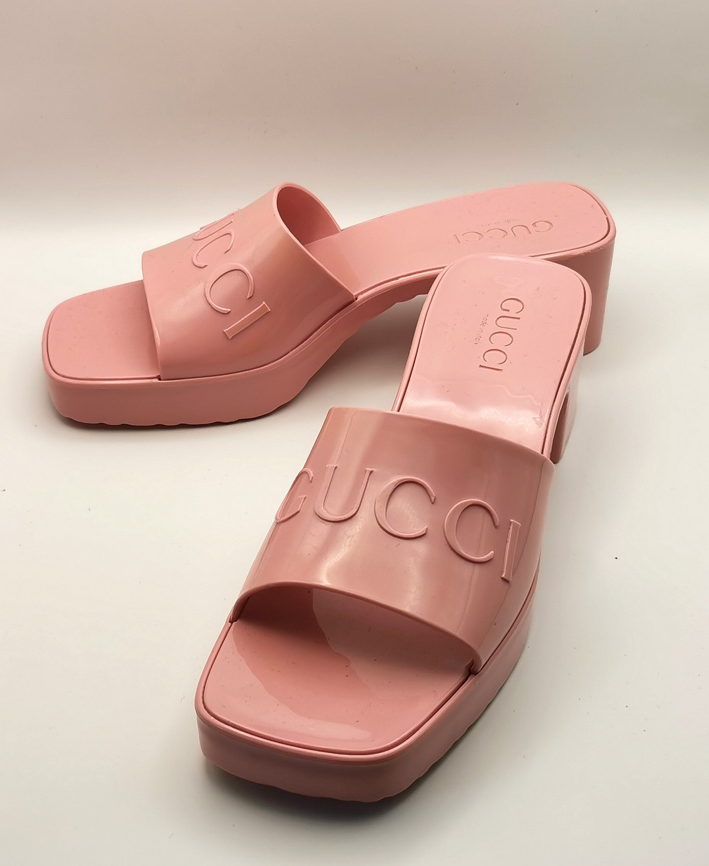Gucci Bubblegum pink rubber heeled sliders, platform sandals