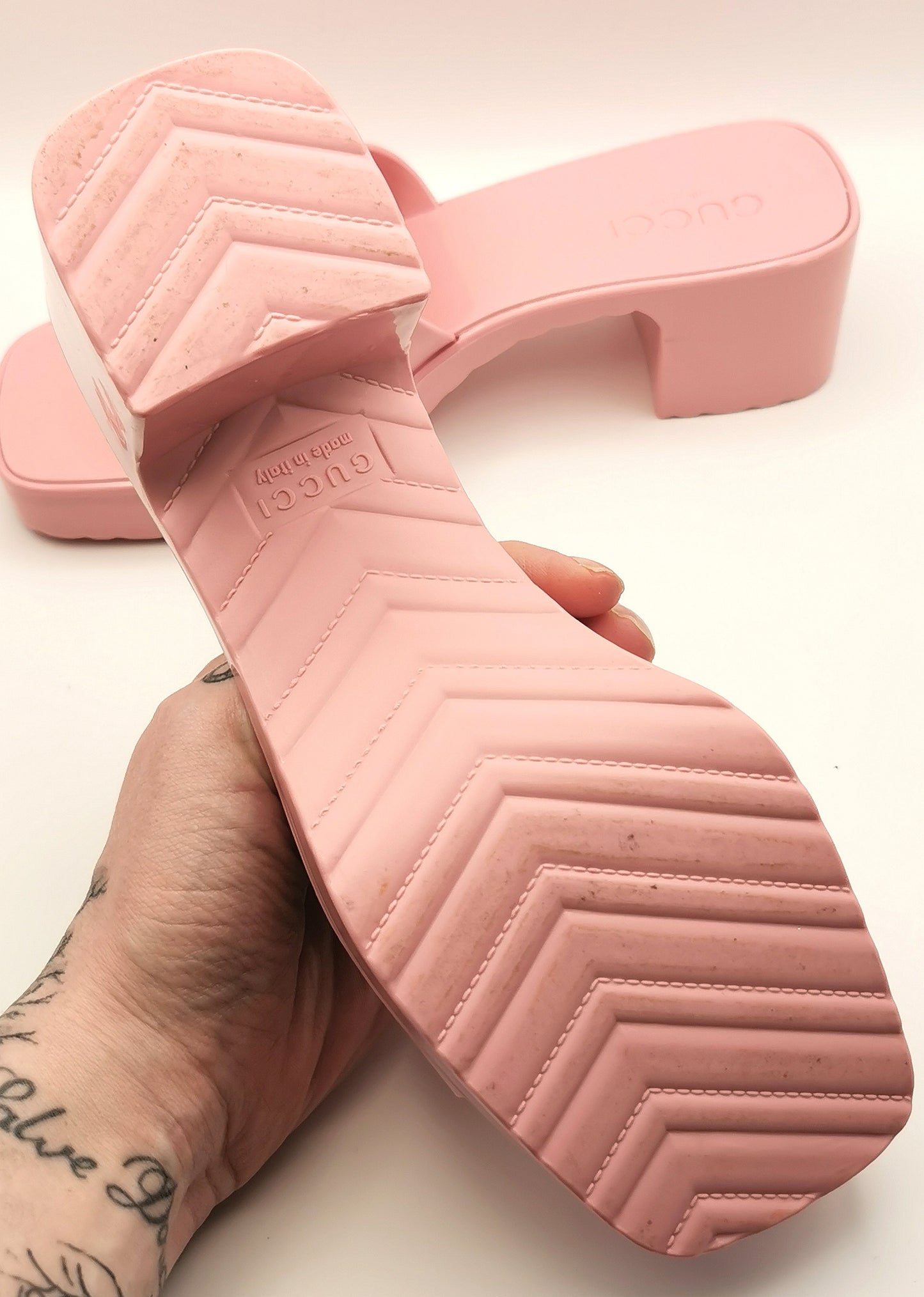 Gucci Bubblegum pink rubber heeled sliders, platform sandals
