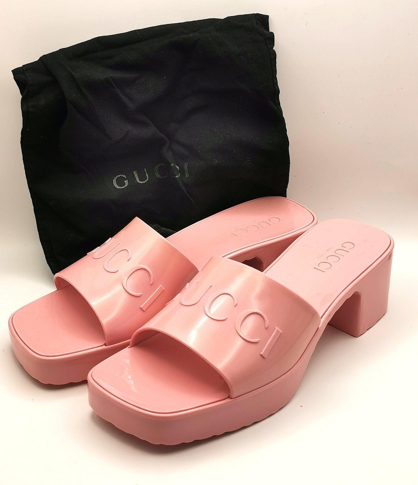 Gucci Bubblegum pink rubber heeled sliders, platform sandals