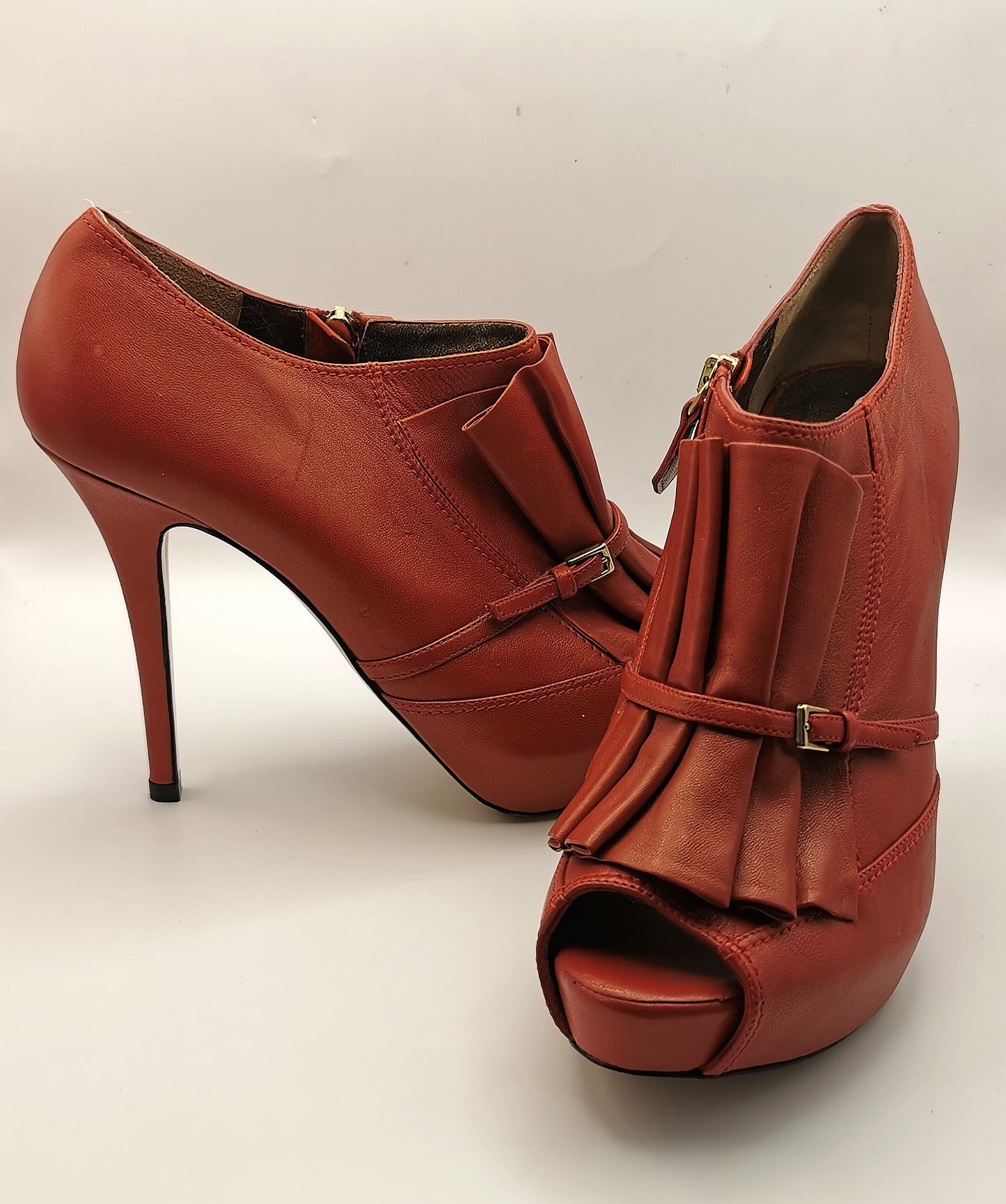 Escada Red leather pleat peep toe heels, shoes