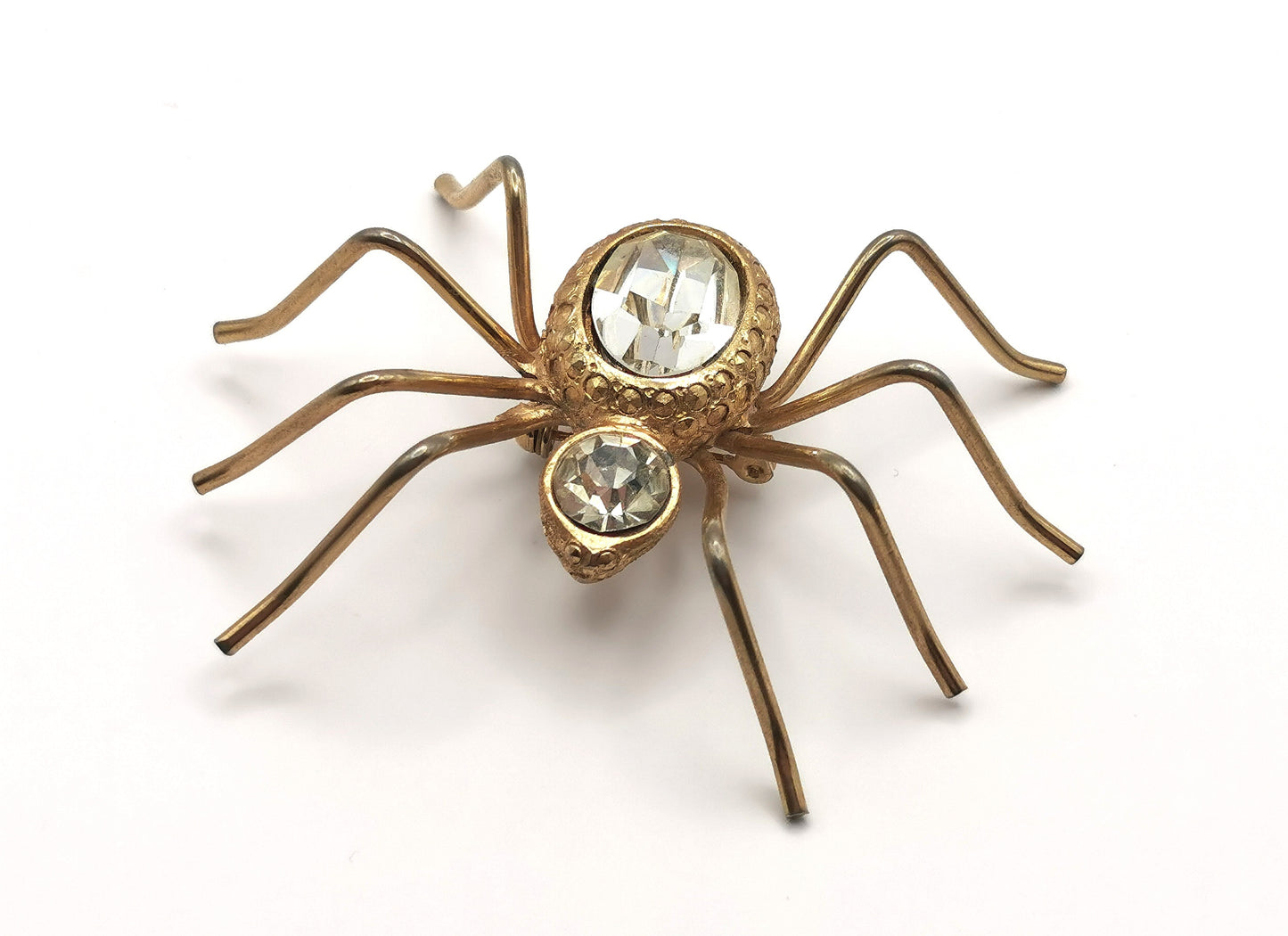 Vintage large spider brooch, gold tone, clear paste