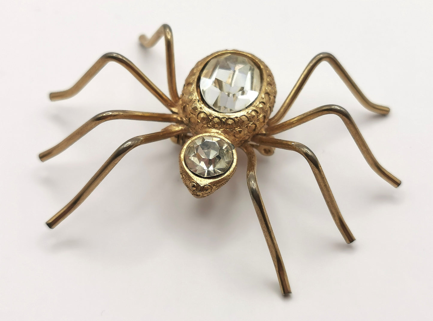 Vintage large spider brooch, gold tone, clear paste